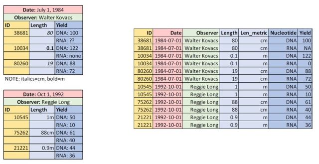 Examples of Naughty Data from Wu et al. (2022), shown on the left side. The right side shown well-behaved data, with one observation per row, and column names as the first row.