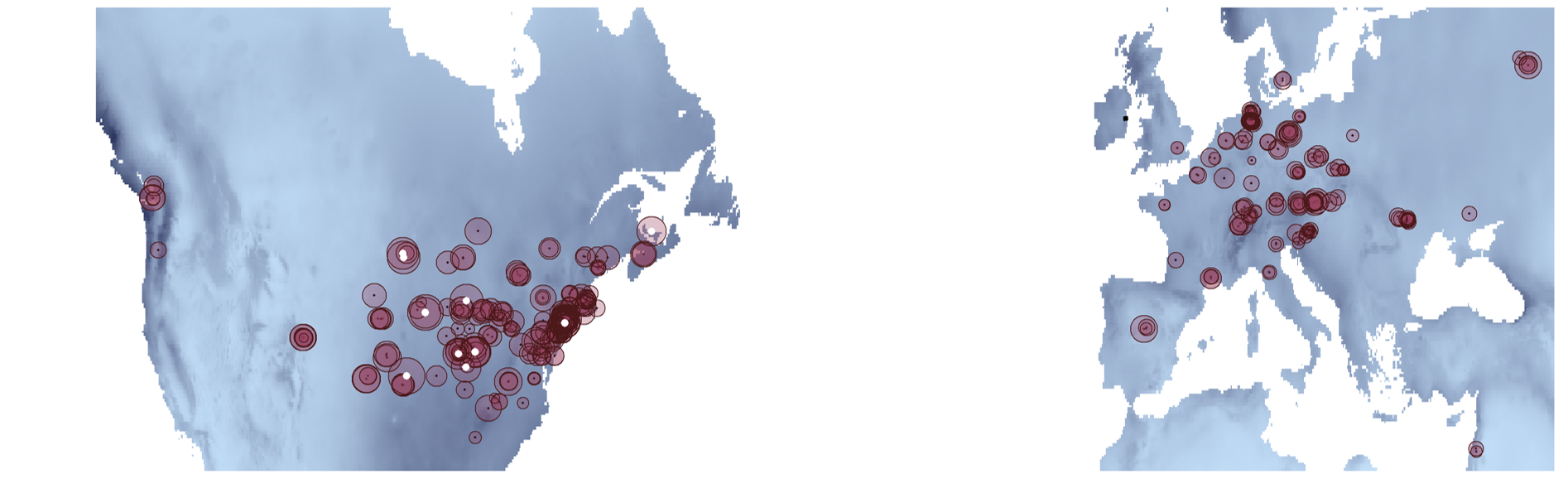 Raster map of temperature (blue) overlain with vector drawings of sampling locations (red), scaled by population size, from the Global Garlic Mustard Field Survey